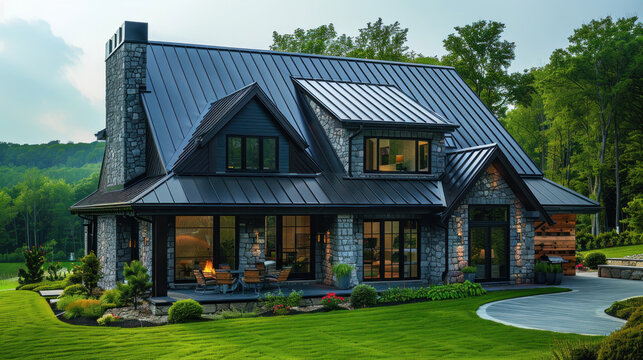 Black metal roof on roof, New house modern style.