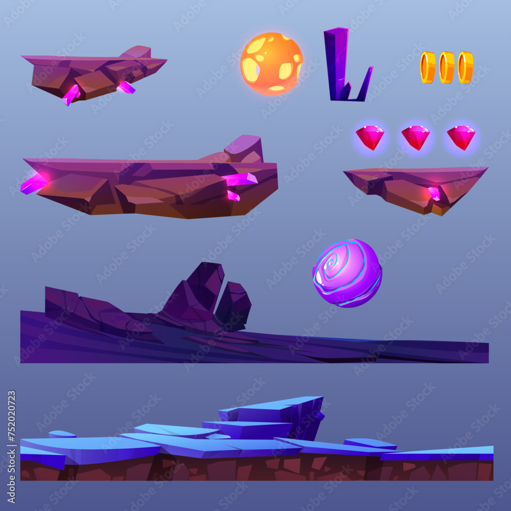 Poster space game ui design creation kit. cartoon vector illustration set of gui level path and platform to