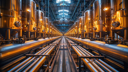 Fototapeta na wymiar Brewery or alcohol production factory. Large steel fermentation tanks.