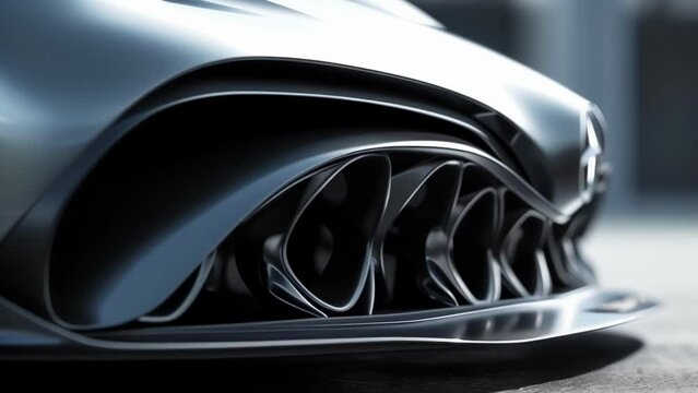 A closeup of the front of a car shows the underside of the front per where vortex generators can be seen strategically positioned to manipulate the airflow and reduce turbulence.