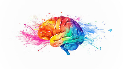 A colorful representation of a human brain with paint splatters in various colors all around it against a white background. Ai generative