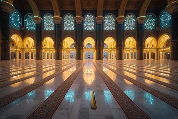 A large mosque, empty room with a gold and blue archway - Powered by Adobe