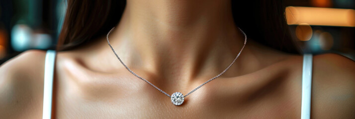 Close up of Diamond necklace on woman's neck at jewelry store. - obrazy, fototapety, plakaty
