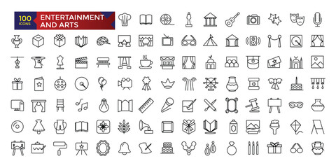 Entertainment and Arts line icons collection. Big UI icon set in a flat design. Thin outline icons pack. Vector illustration.