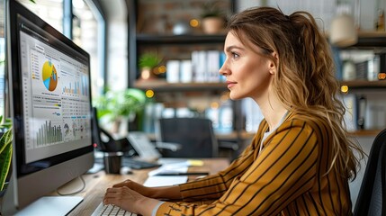 Attentive businesswoman analyzing financial data on screen.