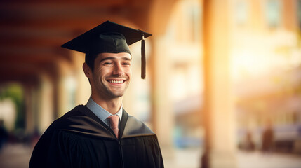 A happy man in graduation attire symbolizing education success and alumni concept. Ai generative illustration