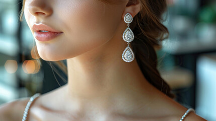 Close up of Earrings in a woman's ear at a jewelry store.
