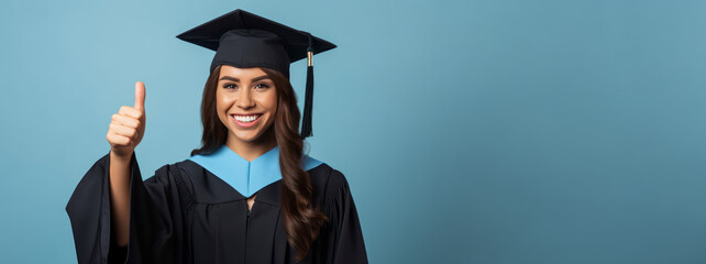A happy European woman in graduation cap and gown giving a thumbs up, representing education success. Ai generative illustration