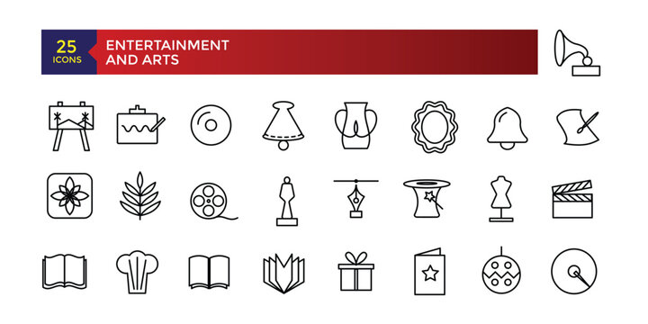 Entertainment and Arts line icons collection. Big UI icon set in a flat design. Thin outline icons pack. Vector illustration.