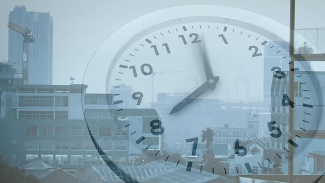 Animation of clock with fast moving hands over modern cityscape