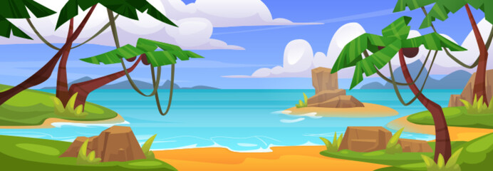 Sandy beach on summer island in sea. Vector cartoon illustration of seaside landscape with exotic palm trees, lianas and green grass, ocean waves washing coast, blue sky with clouds © klyaksun