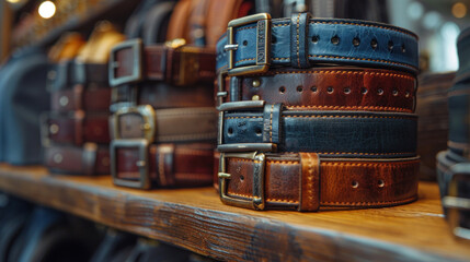 Close up of Men's waist belts at store. - obrazy, fototapety, plakaty
