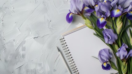 Closeup top view of a bunch of iris flowers, white spiraled notebook and a pen on light gray background. Flatlay with a copy space ,generative ai,