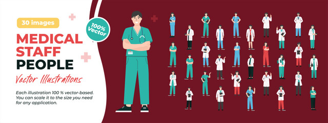 Medical Staff Illustrations. Great Bundle. Collection of scenes Doctor and Nurse Character Concept. Vector Illustrations