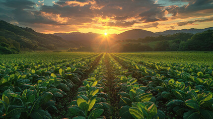 Green tobacco fields surrounded by mountains at sunrise, Tobacco field.