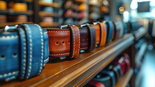 Close up of Men's waist belts at store.