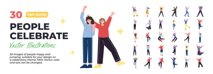 People Happy Celebrate. Mega Set. Collection scenes of Male and Female Happy, Jumping, Smiling, Celebration, Celebrating moment. Vector Illustrations
