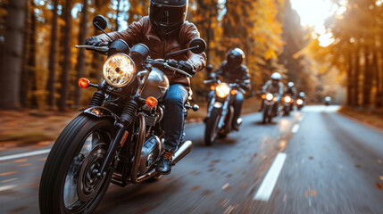 Group of cruiser-chopper motorcycle riders on the road.
