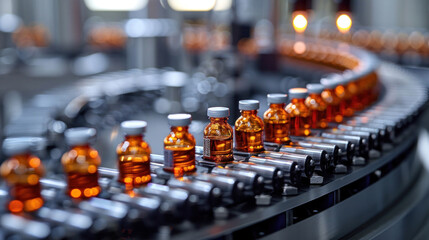 High-tech medical ampoule production line in action, showcasing the precision and cleanliness of modern pharmaceutical manufacturing in production factory. - obrazy, fototapety, plakaty