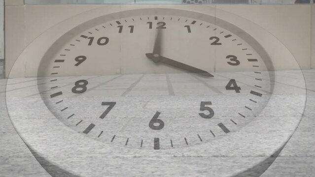 Animation of clock with fast moving hands over fast speed feet of pedestrians in busy street