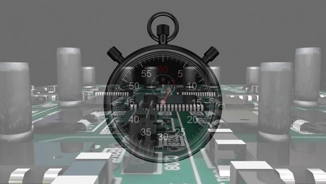 Animation of stopwatch with moving hands over circuit board