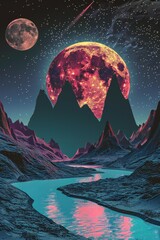 Fototapeta premium Retro futuristic landscape with blue river, dark mountains and moon Generative Ai 