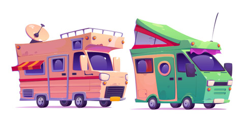 Family camper van with tent for travel concept. Cartoon vector illustration set of caravan car for summertime recreational adventure and vacation. Vintage rv trailer vehicle and motorhome or trip.