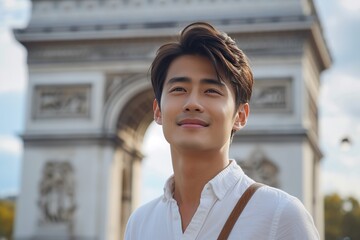 portrait of asian man in casual clothes walking on the street
