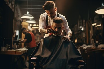 Man getting a haircut in a barbershop, Photo profile photo of a young barber trimming his customer, AI generated