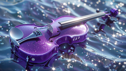 A bold purple electric violin against a shimmering silver background, its sleek design hinting at the fusion of classical elegance with contemporary innovation.