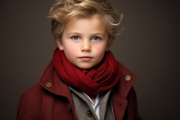 Portrait of a cute little boy in a red coat and scarf. Studio shot.