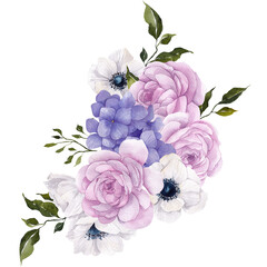 Floral bouquet with watercolor hand draw purple flowers, poppy, wisteria, peony, delicate bow, isolated on transparent background, PNG files
