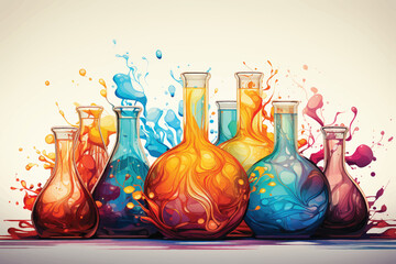 Laboratory, chemical tubes and flasks of different shape and color, 3D illustration - obrazy, fototapety, plakaty