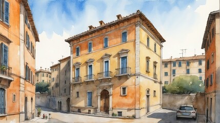 Fototapeta na wymiar Watercolor architectural illustration of a house in Rome from Generative AI