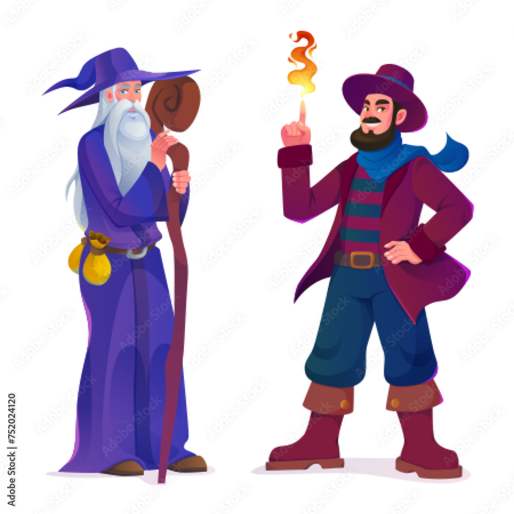 Wall mural Medieval wizard and magician characters isolated on white background. Vector cartoon illustration of old bearded wise man with wooden staff, young trickster showing tricks with fire, fairytale design - Wall murals