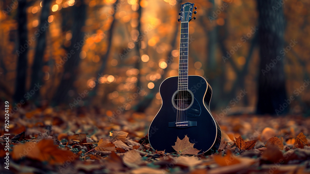 Wall mural A sleek black acoustic guitar against a backdrop of autumn leaves, its strings echoing the rustle of falling foliage, ready to produce melodies that capture the essence of the changing seasons.