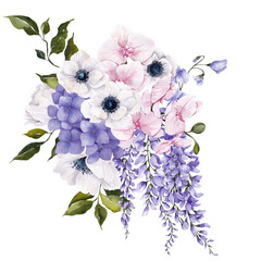 Floral bouquet with watercolor hand draw purple flowers, poppy, wisteria, peony, delicate bow, isolated on transparent background, PNG files