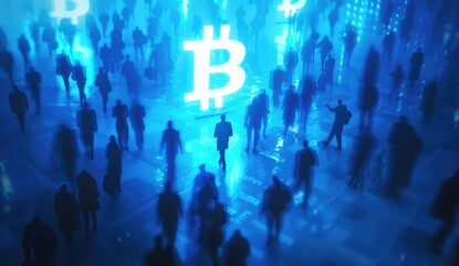 Fototapeta premium Business people executives stand in front of a bitcoin logo.