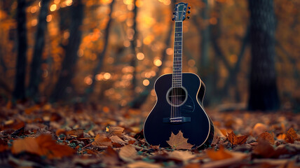 A sleek black acoustic guitar against a backdrop of autumn leaves, its strings echoing the rustle...