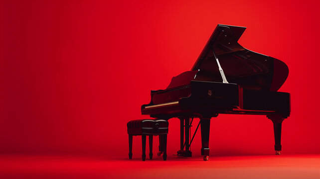 A sleek black grand piano positioned against a dramatic red backdrop, its keys poised for virtuosic performances that evoke passion and intensity with every note.