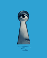Close up of shocked female eye looking through a keyhole on blue