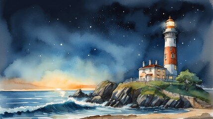 Watercolor architectural illustration of an old antique lighthouse at night from Generative AI
