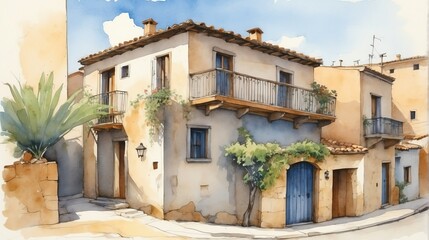 Fototapeta na wymiar Watercolor architectural illustration of houses in a spanish village from Generative AI