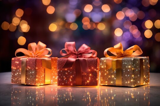 Compose a captivating image of a delectable gift boxs set against a festive Christmas bokeh background