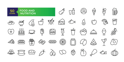 Fototapeta na wymiar Food & Nutrition line icons related to wellness, wellbeing, mental health, healthcare, cosmetics, spa, medical. Outline icon collection.Vector illustration.