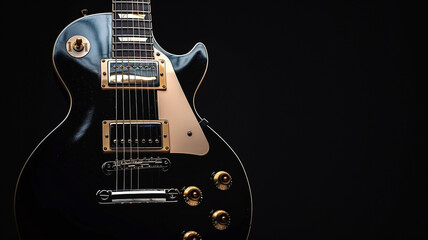 Fototapeta na wymiar A sleek electric guitar against a solid black background, its polished body reflecting subtle glimmers of light, evoking the essence of rock 'n' roll.