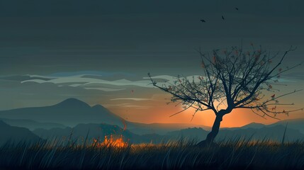 Fototapeta premium Tree in empty dark flat grass land with storm, the tree is slowly burning down, mountains in the distance, flat, cold colors, nighttime, blue colors