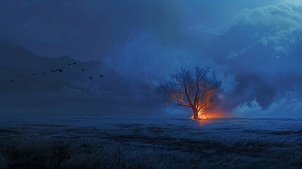 Tree in empty dark flat grass land with storm, the tree is slowly burning down, mountains in the distance, flat, cold colors, nighttime, blue colors