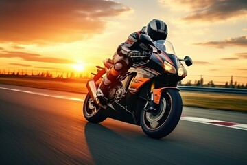 Motorcycle rider rides on a race track at sunset. Motion blur, Motorcycle rider on sport bike rides fast on race track at sunset. Extreme athlete Sport Motorcycles Racing, Ai generated - obrazy, fototapety, plakaty