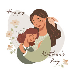 Vector Happy Mother`s Day card in a flat style. Nice people hugs. Beautiful young woman with her daughter between blooming flowers. Cute mom and teenager girl portrait.